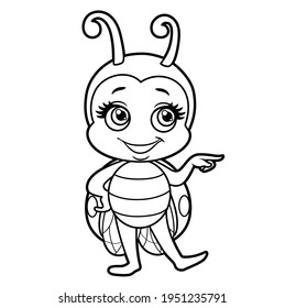 Cute cartoon little ladybug pointed aside outline for coloring page isolated on white background