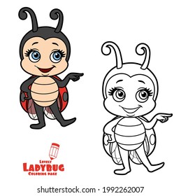 Cute cartoon little ladybug pointed aside color variation for coloring page isolated on white background