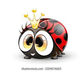 Cute cartoon little ladybug princess with big eyes and golden crown. Isolated.