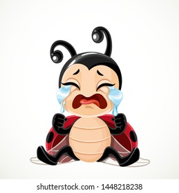 Cute cartoon little ladybug sitting on the floor and crying sobbing isolated on a white background