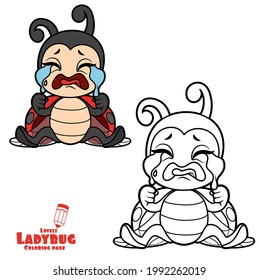 Cute cartoon little ladybug sitting on the floor and crying sobbing color variation for coloring page isolated on white background