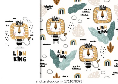 Cute cartoon little lion king character. Card and seamless pattern set. Hand drawn textile design illustration. Jungle animal. Fabric surface design.