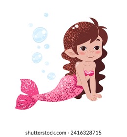 Cute cartoon little mermaid with bubbles. Vector illustration in flat style. Graphic design for children, wallpapers, posters, greeting cards, prints. Magical creature. Sea and ocean life.