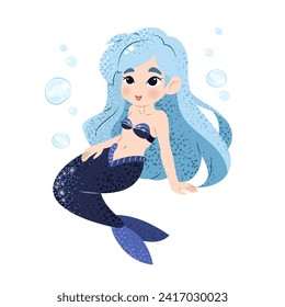 Cute cartoon little mermaid with bubbles. Vector illustration in flat style. Graphic design for children, wallpapers, posters, greeting cards, prints. Magical creature.