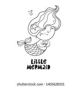 Cute cartoon little mermaid coloring page. Monochrome vector print with mermaid under water in the sea