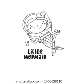 Cute cartoon little mermaid coloring page. Monochrome vector print with mermaid under water in the sea