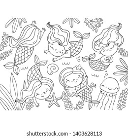 Cute cartoon little mermaid coloring page. Monochrome vector print with mermaid under water in the sea