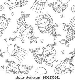 Cute cartoon little mermaid coloring page. Monochrome vector seamless pattern with mermaid under water in the sea