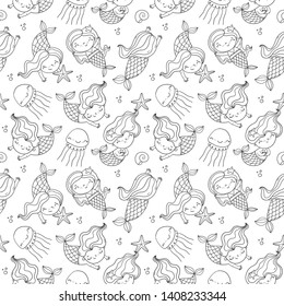 Cute cartoon little mermaid coloring page. Monochrome vector seamless pattern with mermaid under water in the sea