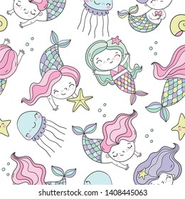 Cute cartoon little mermaid coloring page. Cool hand drawn vector seamless pattern with mermaid under water in the sea