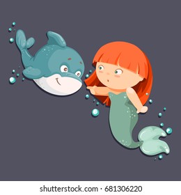 cute cartoon little mermaid  and dolphin vector illustration. Siren. Sea theme.friendship concept