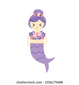 Cute cartoon little mermaid or girl in mermaid costume with beautiful floral top. Vector illustration.