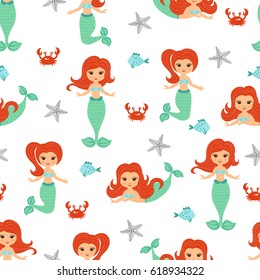 Cute cartoon little mermaid girls seamless pattern on white. Vector background for kids design. 