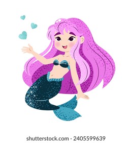 Cute cartoon little mermaid with hearts. Vector illustration in flat style. Graphic design for children, wallpapers, posters, greeting cards, prints. Magical creature.