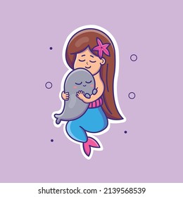 Cute cartoon little mermaid with seal in vector illustration. Isolated human vector. Flat cartoon style