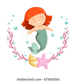 cute cartoon little mermaid with shell, starfish and bubbles vector illustration. Siren. Sea theme.