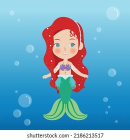 Cute cartoon little mermaid vector princess of pearl from classic fairy tales swimming under the sea surrounded by bubbles