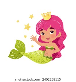 Cute cartoon little mermaid. Vector illustration in flat style. Graphic design for children, wallpapers, posters, greeting cards, prints.