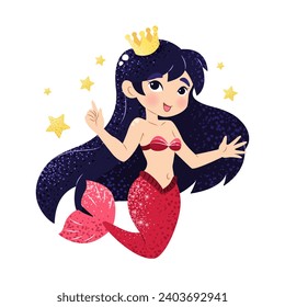 Cute cartoon little mermaid. Vector illustration in flat style. Graphic design for children, wallpapers, posters, greeting cards, prints. Magical creature.