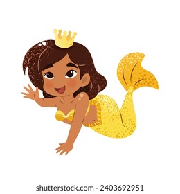 Cute cartoon little mermaid. Vector illustration in flat style. Graphic design for children, wallpapers, posters, greeting cards, prints. Magical creature.