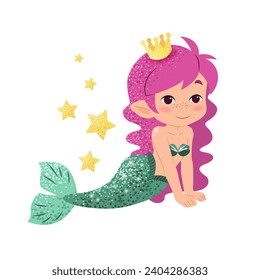 Cute cartoon little mermaid. Vector illustration in flat style. Graphic design for children, wallpapers, posters, greeting cards, prints. Magical creature.