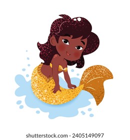 Cute cartoon little mermaid. Vector illustration in flat style. Graphic design for children, wallpapers, posters, greeting cards, prints. Magical creature.