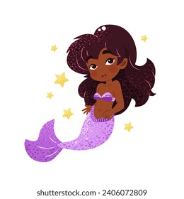 Cute cartoon little mermaid. Vector illustration in flat style. Graphic design for children, wallpapers, posters, greeting cards, prints. Magical creature.