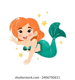 Cute cartoon little mermaid. Vector illustration in flat style. Graphic design for children, wallpapers, posters, greeting cards, prints. Magical creature.