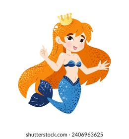 Cute cartoon little mermaid. Vector illustration in flat style. Graphic design for children, wallpapers, posters, greeting cards, prints. Magical creature.