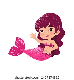 Cute cartoon little mermaid. Vector illustration in flat style. Graphic design for children, wallpapers, posters, greeting cards, prints. Magical creature.