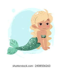 Cute cartoon little mermaid. Vector illustration in flat style. Graphic design for children, wallpapers, posters, greeting cards, prints. Magical creature.