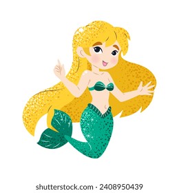 Cute cartoon little mermaid. Vector illustration in flat style. Graphic design for children, wallpapers, posters, greeting cards, prints. Magical creature.