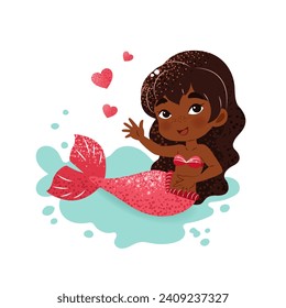 Cute cartoon little mermaid. Vector illustration in flat style. Graphic design for children, wallpapers, posters, greeting cards, prints. Magical creature.