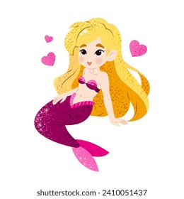 Cute cartoon little mermaid. Vector illustration in flat style. Graphic design for children, wallpapers, posters, greeting cards, prints. Magical creature.