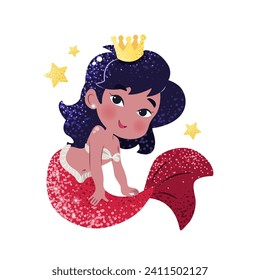 Cute cartoon little mermaid. Vector illustration in flat style. Graphic design for children, wallpapers, posters, greeting cards, prints. Magical creature.