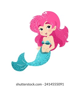 Cute cartoon little mermaid. Vector illustration in flat style. Graphic design for children, wallpapers, posters, greeting cards, prints. Magical creature.