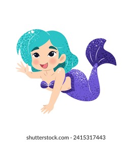 Cute cartoon little mermaid. Vector illustration in flat style. Graphic design for children, wallpapers, posters, greeting cards, prints. Magical creature.