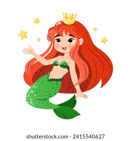 Cute cartoon little mermaid. Vector illustration in flat style. Graphic design for children, wallpapers, posters, greeting cards, prints. Magical creature.