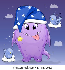 Cute cartoon little monster in the night cap. Night vector illustration with birds on the dark blue background with little stars