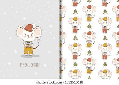 Cute cartoon little mouse animal character with tea cup. Winter Card template and seamless background pattern set. Hand drawn design vector illustration.