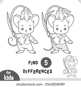 Cute cartoon little mouse and bell flower. Find differences black and white educational game for children