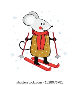 Cute cartoon little mouse skiing. Mouse engaged in winter sports. Funny animal playing in winter. Hand drawn vector illustration. Scandinavian style. 