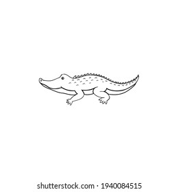 Cute cartoon little outline crocodile isolated on white background, Vector doodle Illustration, wild animal, Character design for baby shower, greeting card, children invite, creation of alphabet