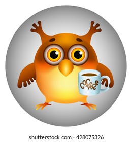 cute cartoon little owl with cup of coffee on grey circle background 