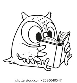 Cute cartoon little owl read a book outlined isolated on white background