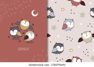 Cute cartoon little owls character. Card and seamless pattern set. Hand drawn textile design illustration. Fabric surface design.