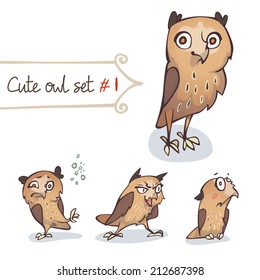 Cute cartoon little owls set. Character design. Vector illustration, EPS 10. Contains transparent objects