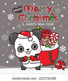 Cute Cartoon Little Panda with Christmas Santa’s Red Cap, Santa Claus Holding Gift Bag, Merry Christmas, Happy New year congratulation design.