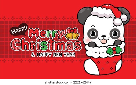 Cute Cartoon Little Panda, inside Christmas socks, Merry Christmas Theme. Happy New year design.