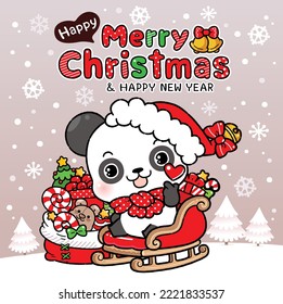 Cute Cartoon Little Panda, with Santa Claus Costume, Gifts on Santa's sledge. Merry Christmas and Happy New Year Celebration Concept, Vector Art and illustration.